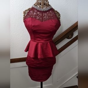Red Beaded Peplum Dress w/ Sweetheart Neckline
